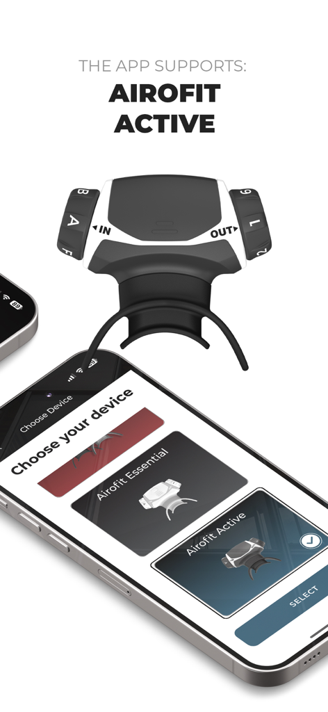Airofit - Airofit breathing trainer device and smartphone screen showing device selection for Airofit Active
