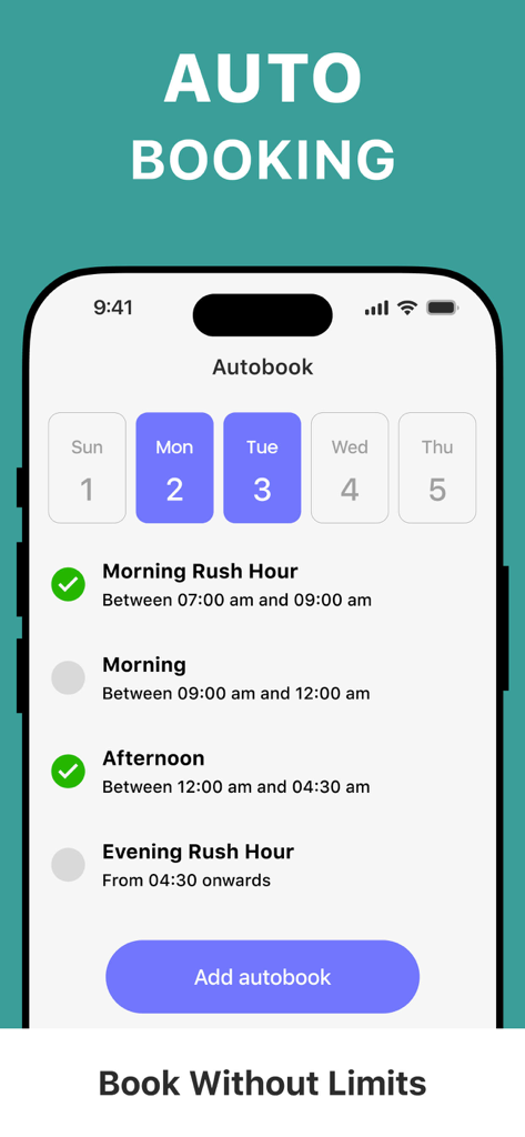 Driving Test NOW - Interfaz de la aplicación Driving Test NOW que muestra la función de reserva automática con fechas y horarios seleccionables como hora punta de la mañana y tarde.
