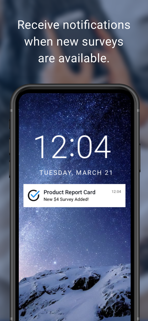 Product Report Card - Smartphone lock screen showing a push notification for a new survey alert from Product Report Card