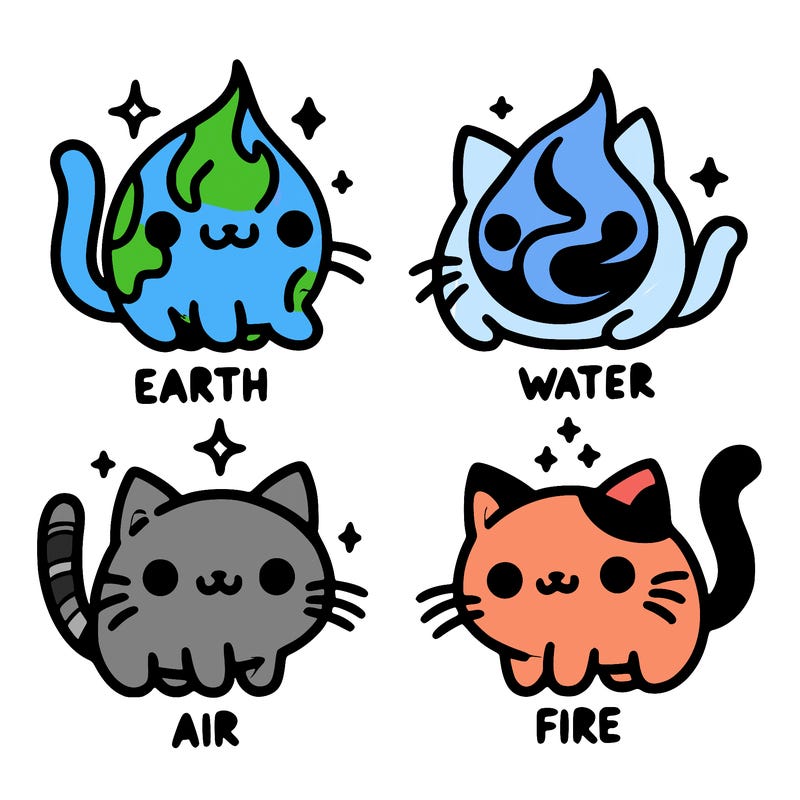 4 cats that represent the different elements, earth, water, air, and fire