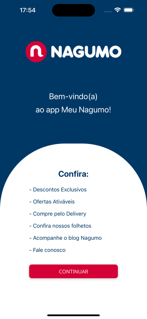 Meu Nagumo - Tela de boas-vindas do app Meu Nagumo mostrando uma lista de funcionalidades de compras no supermercado e um botão continuar.