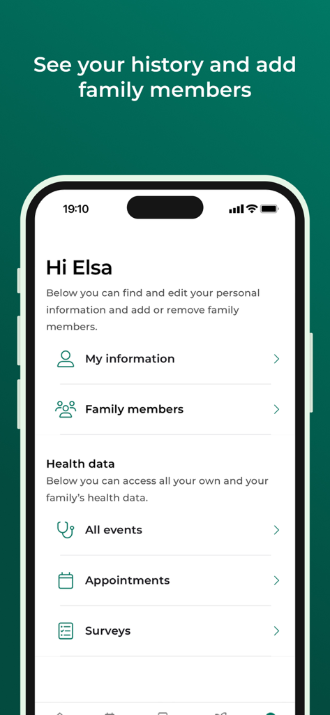 Meliva Sweden - Smartphone screen showing the Meliva app user profile with family management and health data options
