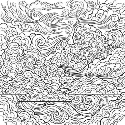 Immerse yourself in the captivating world of clouds with this detailed coloring page. Discover a stunning array of intricate cloud formations, from delicate wisps to voluminous puffs, ready for your creative touch.