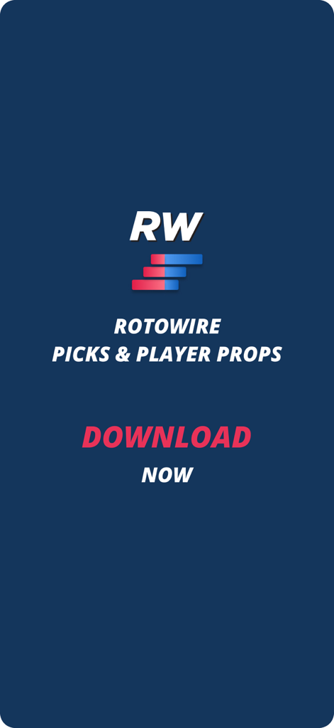 RotoWire Picks and Player Props app splash screen featuring the RW logo and a download now call to action