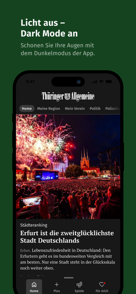 Smartphone screen displaying the Thüringer Allgemeine News app in dark mode featuring a local news article about Erfurt.
