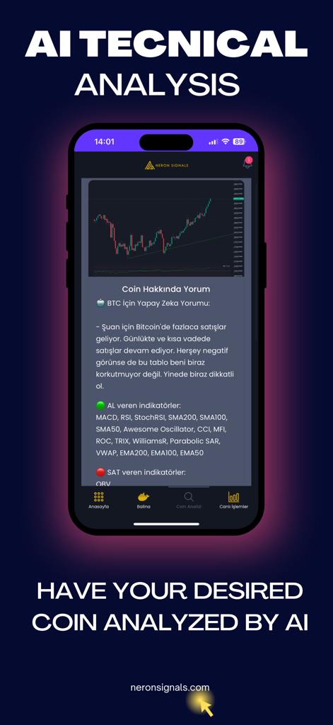 Neron Signals app interface showing AI-powered crypto technical analysis and charts