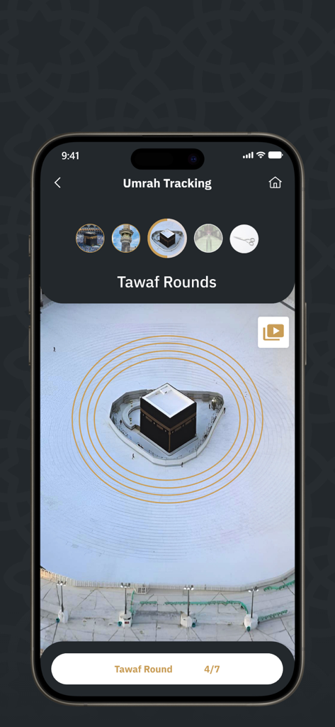 Tawkeel | توكيل - Interfaz de la aplicación Tawkeel que muestra el rastreo en tiempo real de Umrah para las rondas de Tawaf en la Kaaba