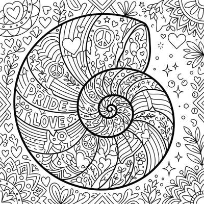 Dive into a beautiful celebration of love and diversity with our Nautilus Spiral Pride coloring page. This intricate design merges natural perfection with powerful symbols, perfect for honoring Pride Month.