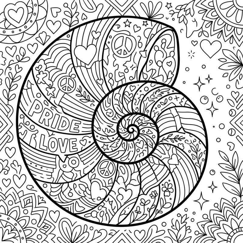 Dive into a beautiful celebration of love and diversity with our Nautilus Spiral Pride coloring page. This intricate design merges natural perfection with powerful symbols, perfect for honoring Pride Month.