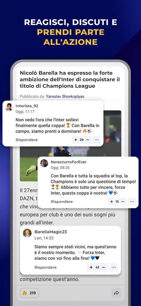 Inter Live - News & Matches - Mobile screen showing fan comments and community discussion about Inter Milan news in the Inter Live app