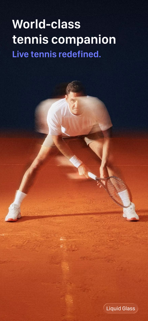 Court One: Tennis Scores - Tennis player in action on a clay court with the text World class tennis companion