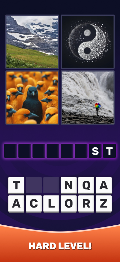4 Pics 1 Word：Guess The Word - Un livello difficile nel gioco 4 Immagini 1 Parola che mostra quattro immagini e una griglia di lettere per risolvere un puzzle di parole.
