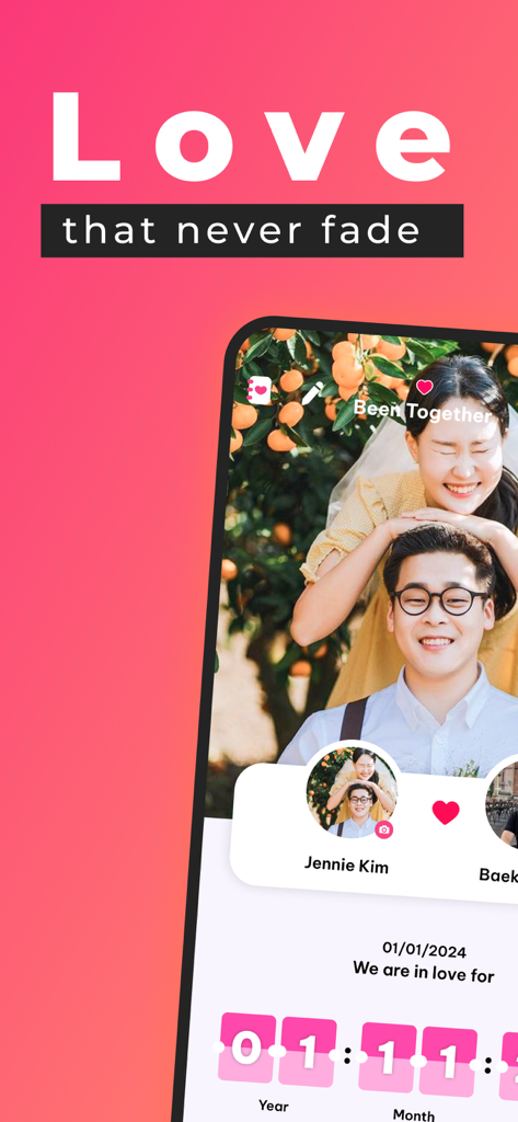 App interface showing a couple photo and relationship time counter.