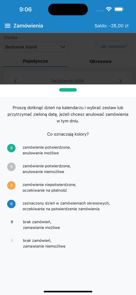 zamowposilek.pl - Pantalla de la aplicación móvil que muestra una leyenda codificada por colores para los estados de los pedidos de comidas escolares en zamowposilek.