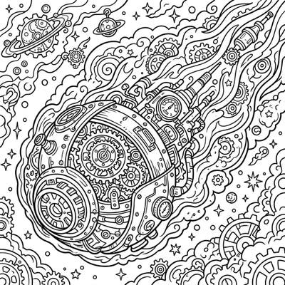 Blast off into a unique coloring experience with this incredible Steampunk Comet Nucleus, a marvel of celestial mechanics. This intricate design invites you to explore a fusion of cosmic wonder and Victorian innovation, ready for your creative touch.