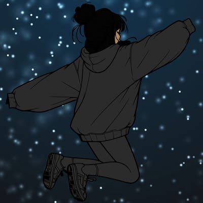 realistic girl jumping with a bun and oversized sweatshirt