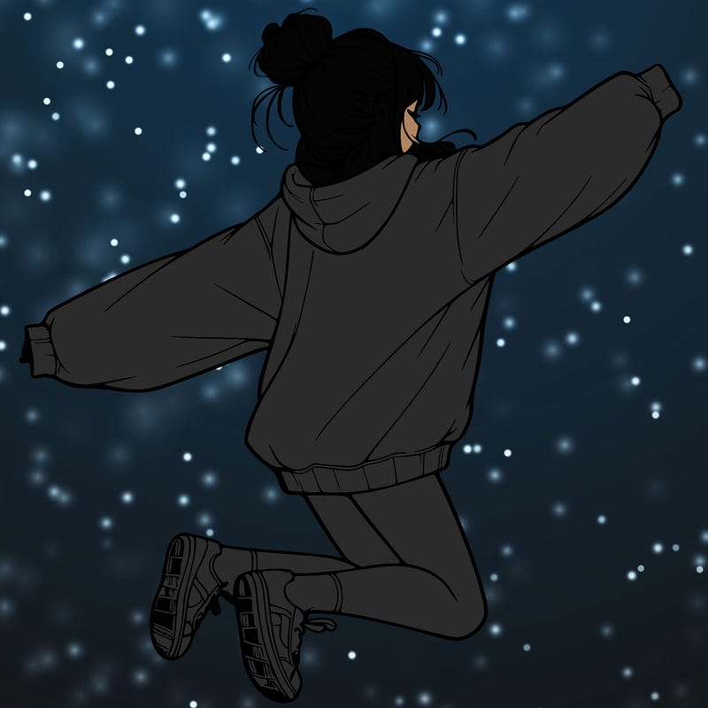 realistic girl jumping with a bun and oversized sweatshirt