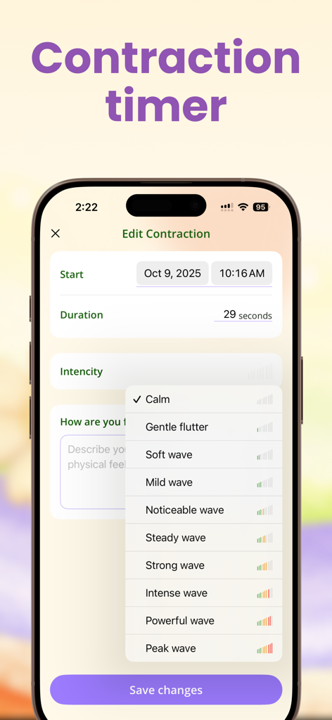 Contraction Timer · Counter - Interfaz de la aplicación móvil para editar detalles de las contracciones del parto y seleccionar niveles de intensidad desde calma hasta ola máxima.