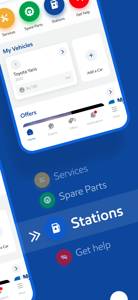 Mobilawy - Mobilawy app dashboard showing vehicle management and quick access to gas stations and roadside assistance