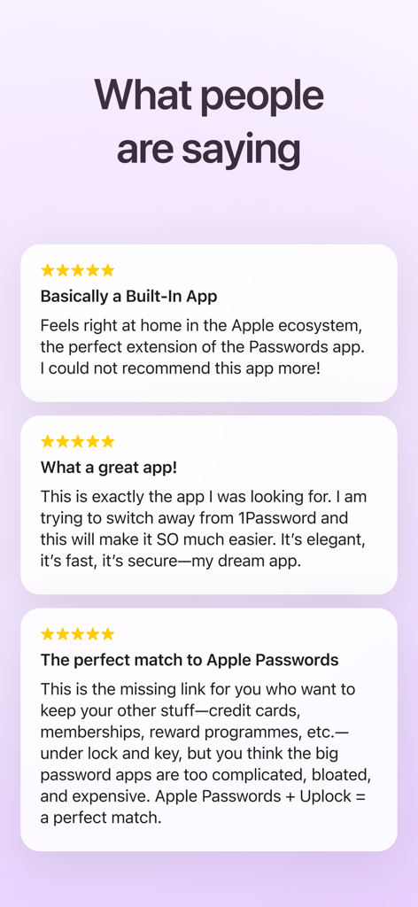 Uplock - Five-star user reviews for the Uplock app praising its integration with Apple Passwords and security features
