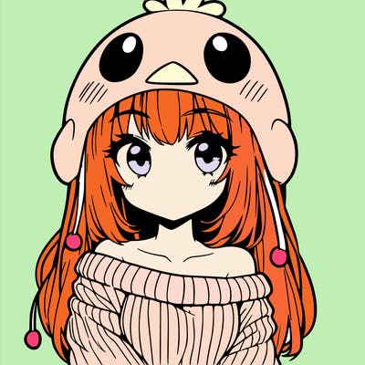 anime girl with chick shaped hat with sweater with bare shoulders with bangs covering them one eye with low tail