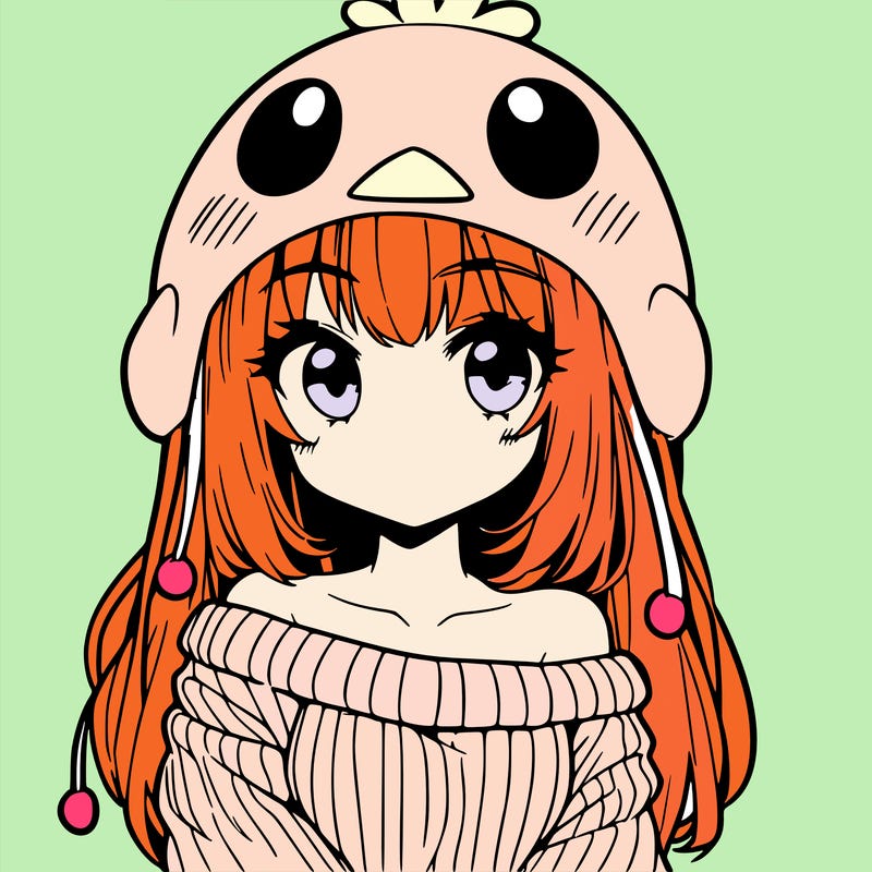 anime girl with chick shaped hat with sweater with bare shoulders with bangs covering them one eye with low tail