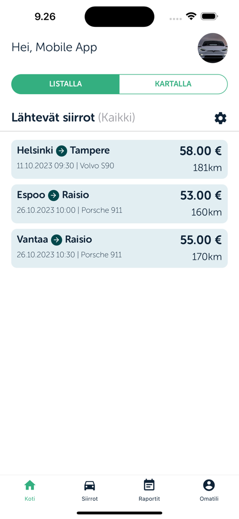 Pantalla de la aplicación RR Hub mostrando una lista de trabajos de conducción disponibles con rutas y ganancias