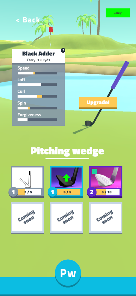 Golf Dreams - Tela de upgrade de taco de golfe mostrando estatísticas e atributos para um pitching wedge