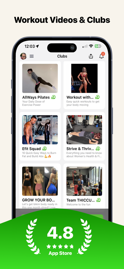 Interface do aplicativo Strive mostrando vários clubes de fitness e opções de vídeos de treino com uma classificação de 4,8.