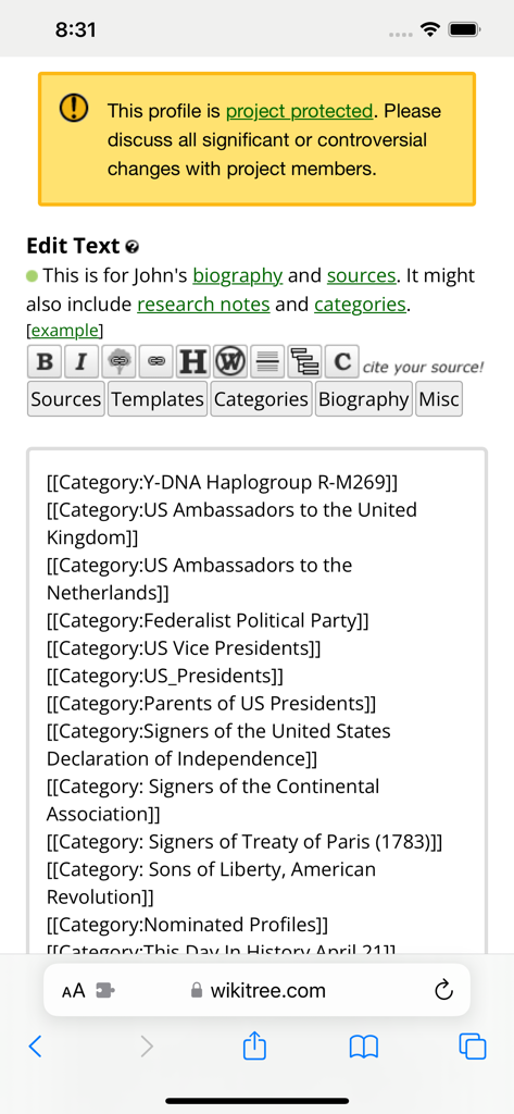 WikiTree Browser Extension - Mobile view of the WikiTree editor screen showing category tags and editing options.