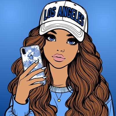 realistic beautiful girl wearing los ángeles cap holding an iphone
