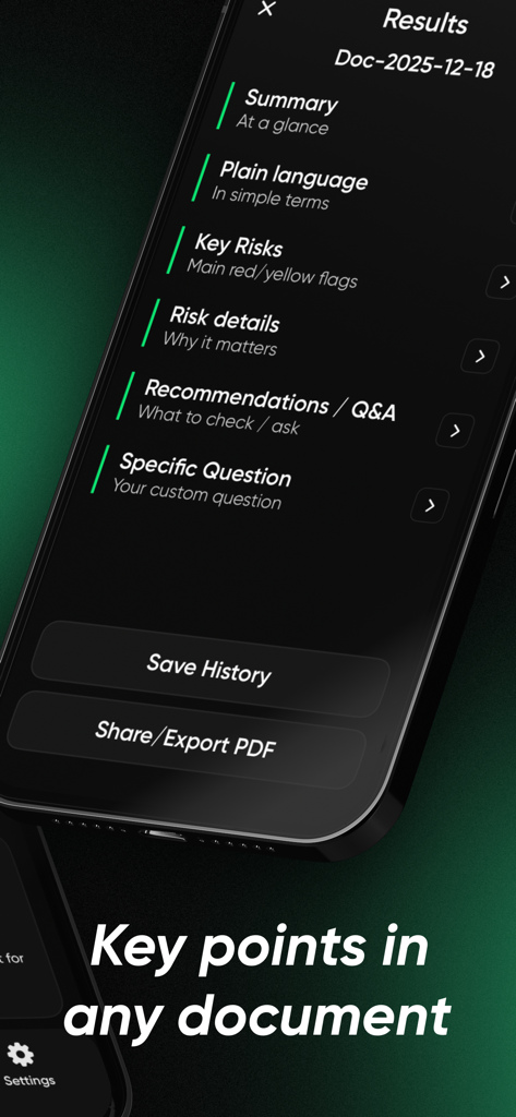 리걸 마인드 앱 화면, 요약, 주요 위험, 쉬운 언어 설명 등 AI 문서 분석 결과 표시