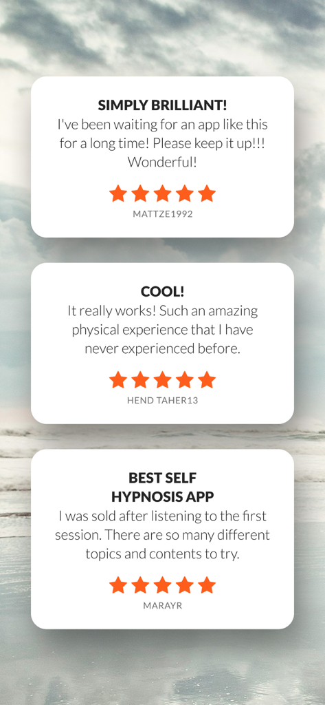 HypnoBox: Hypnosis & Sleep - Three five star user reviews for the HypnoBox app showing positive feedback and ratings