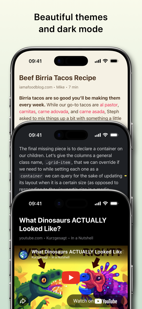 Three iPhones showing GoodLinks in different reading themes including light and dark mode