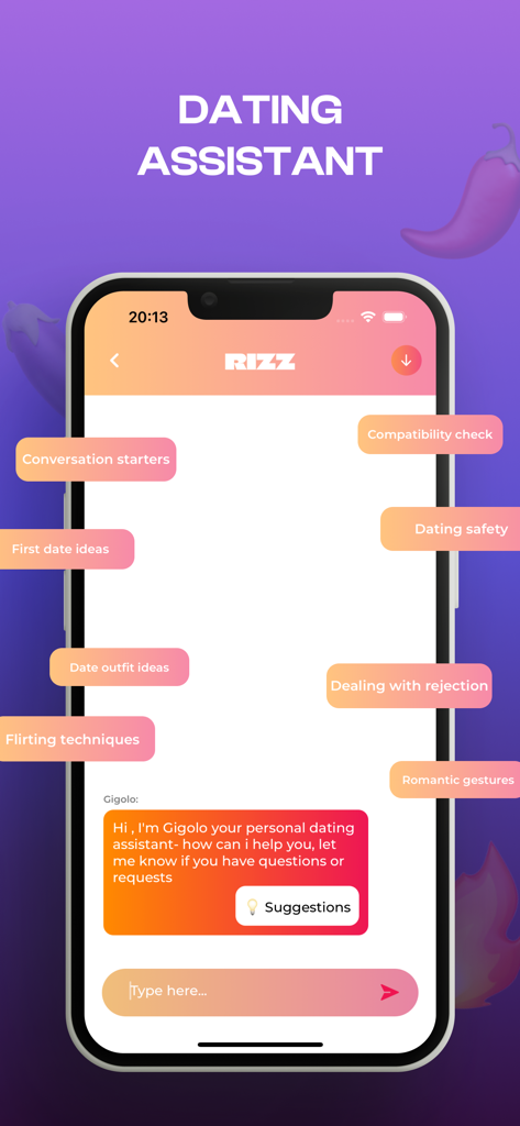 Plug RIZZ AI Dating Assistant - Interfaz de la aplicación Plug RIZZ AI dating assistant con sugerencias de chat para coquetear e ideas para citas