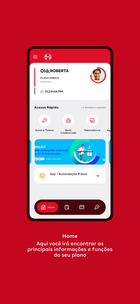 Santa Helena Saúde - Santa Helena Saúde app home screen featuring user profile and quick access to telemedicine and health services.
