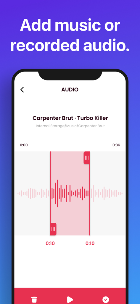Interface showing the option to add music or recorded audio to a video with a waveform trimming tool