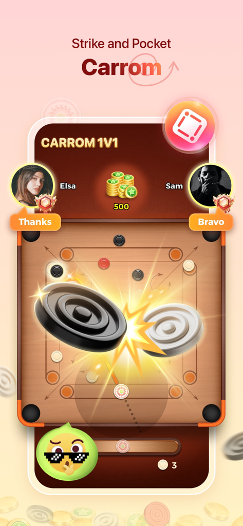 Carrom 1v1 gameplay in the Yalla app showing two players competing on a digital board