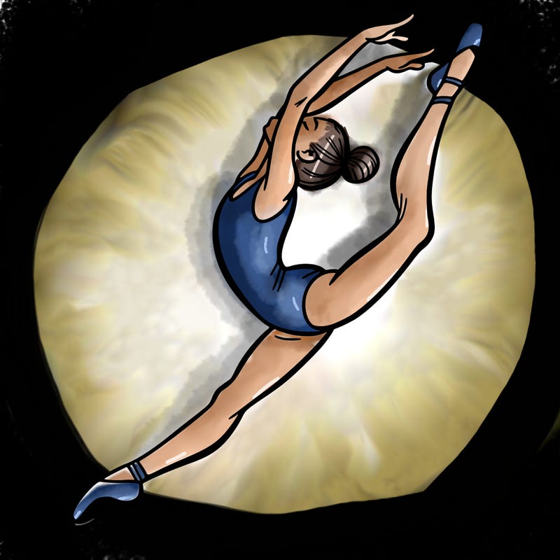 gymnast doing a leap in a leotard with a bent back leg