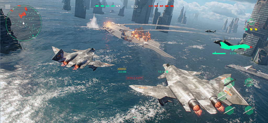 Modern Warships: Naval Battles - Modern fighter jets flying over an aircraft carrier in a naval battle simulation.