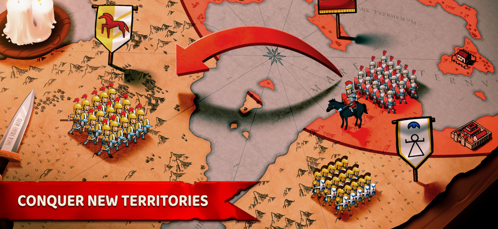 A strategy map of ancient Europe in Grow Empire Rome showing Roman armies and the text conquer new territories