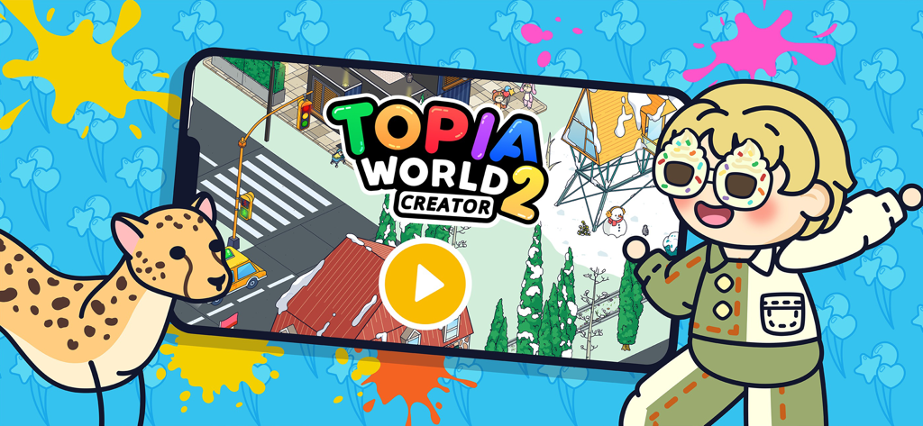 Topia City Life: Avatar World - Schermata del titolo di Topia World 2 Creator che mostra un personaggio con occhiali a forma di cupcake, un ghepardo e una scena di costruzione di città su uno smartphone.