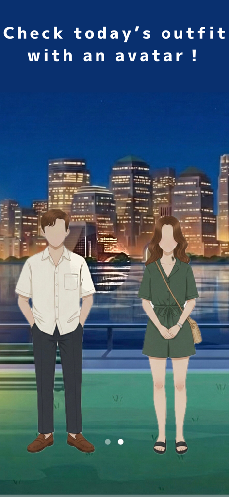 Male and female avatars showing daily outfit recommendations in front of a city skyline.