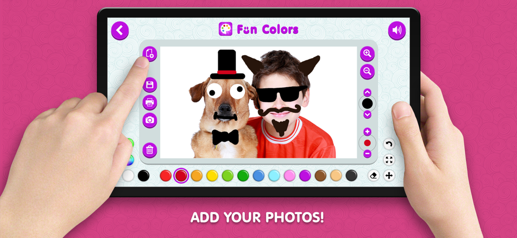 Fun Colorsアプリが動作しているタブレット画面。ユーザーが男の子と犬の写真に帽子やメガネなどのデジタル描画を追加しています。