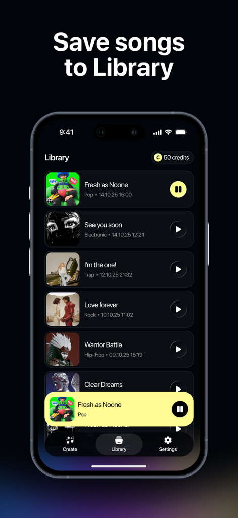 Soundraw: AI Song Music Maker - The music library screen in the Soundraw app displaying a list of saved AI generated songs with genre labels and play buttons.