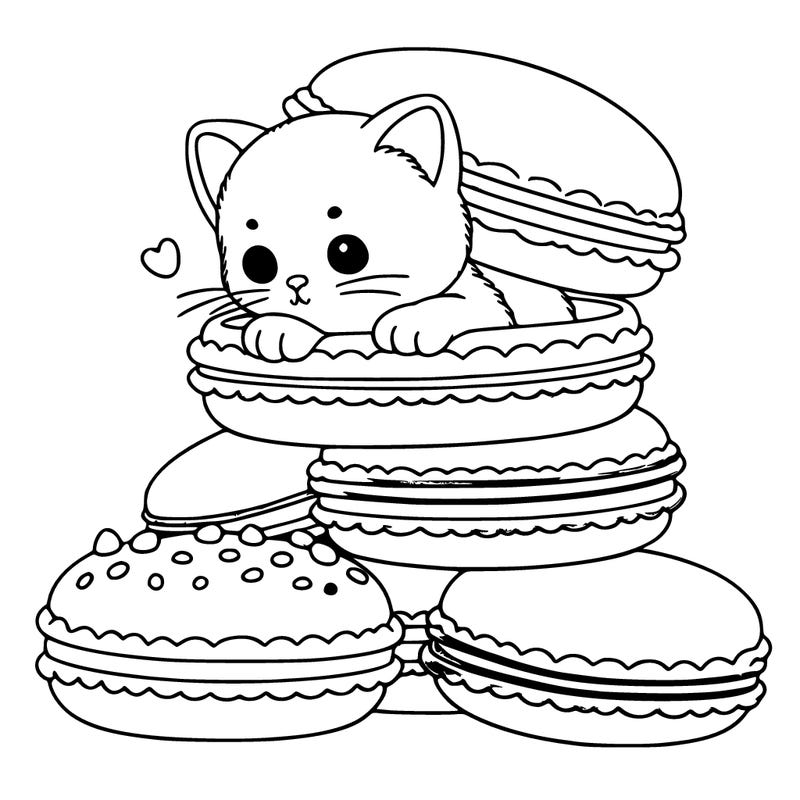 a kitten popping out of a stack of pastel macarons