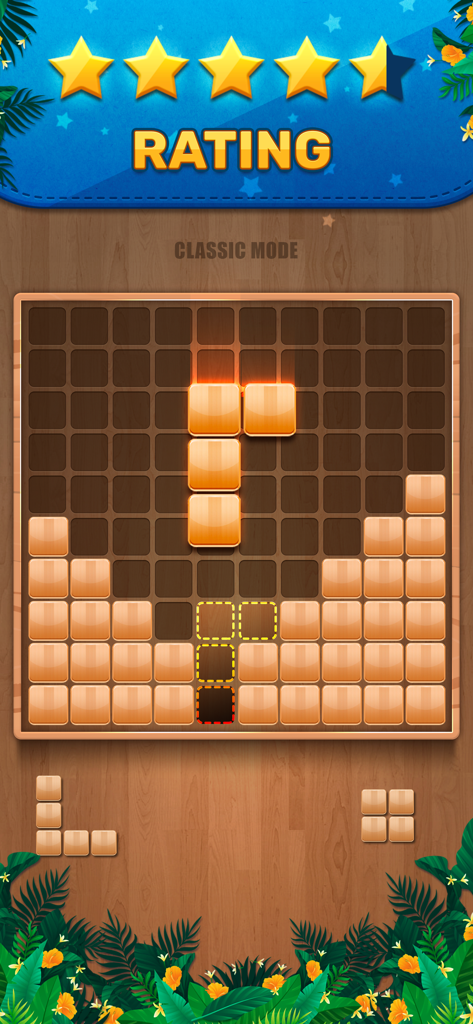Wooden 100 Block Puzzle Game classic mode gameplay featuring a 10x10 grid and a high star rating banner