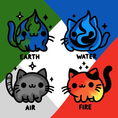 4 cats that represent the different elements, earth, water, air, and fire