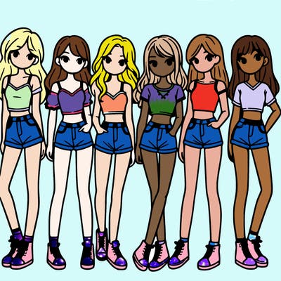 a group of girls wearing crop tops and shorts