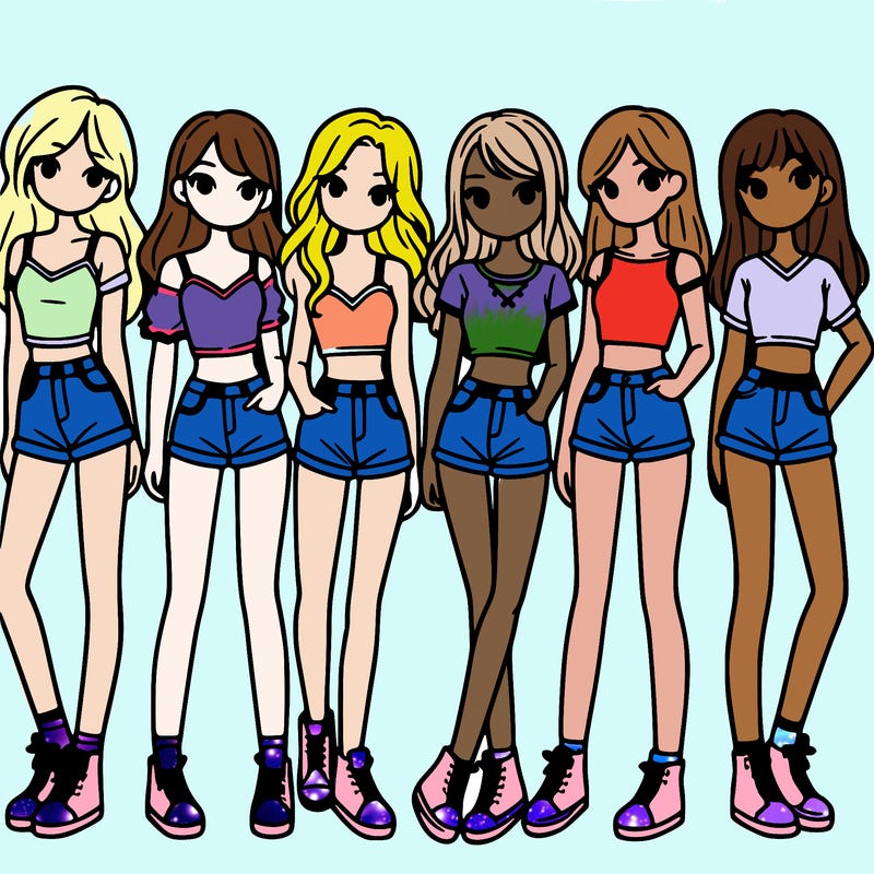 a group of girls wearing crop tops and shorts